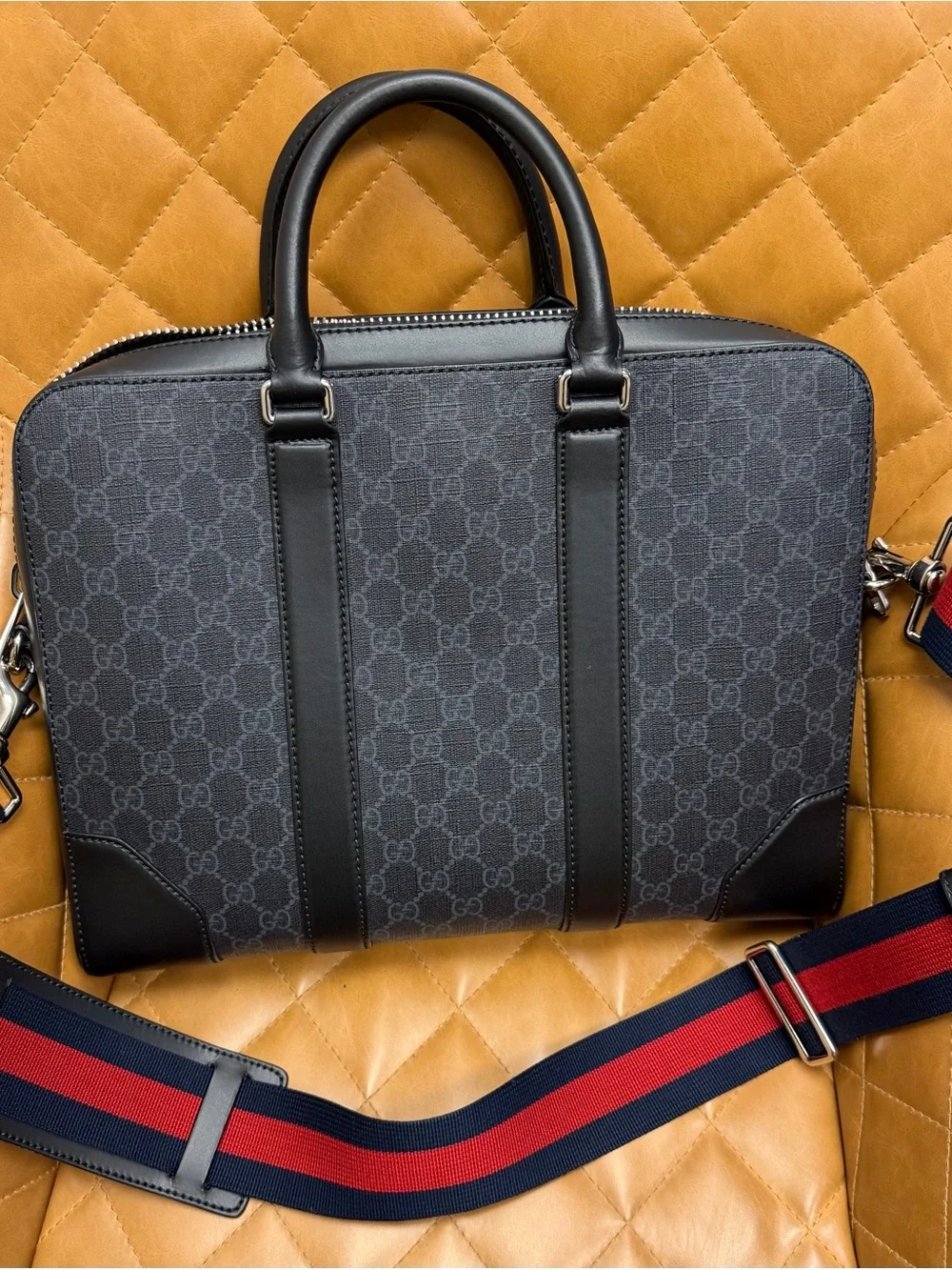 Gucci Black GG Supreme Laptop Bag with Navy & Red Web Strap